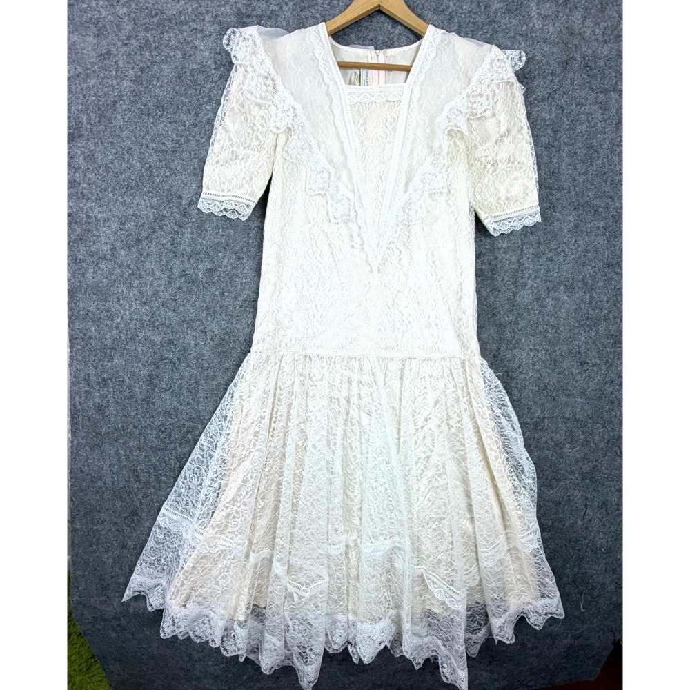 Vintage Jessica McClintock Gunne Sax Prairie Wedding Dress 9/10 Off White Lace